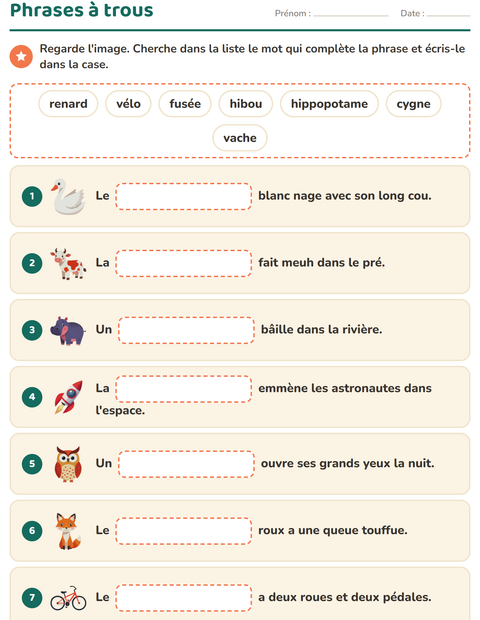 Aperçu de la fiche Phrases à trous pour CP (cours préparatoire)