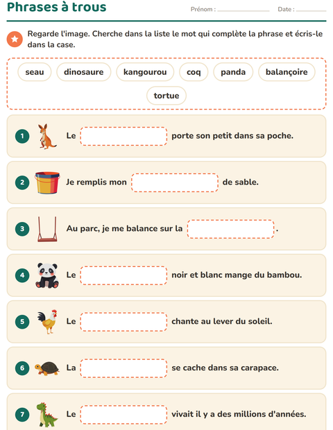 Aperçu de la fiche Phrases à trous pour CP (cours préparatoire)