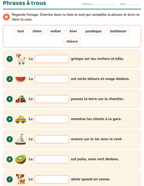 Aperçu de la fiche Phrases à trous pour CP (cours préparatoire)