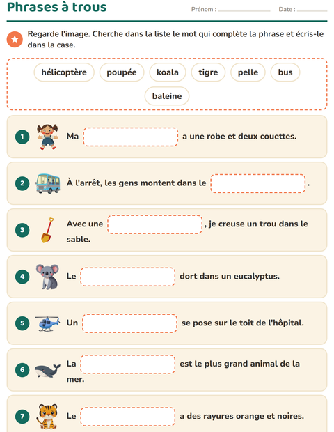 Aperçu de la fiche Phrases à trous pour CP (cours préparatoire)
