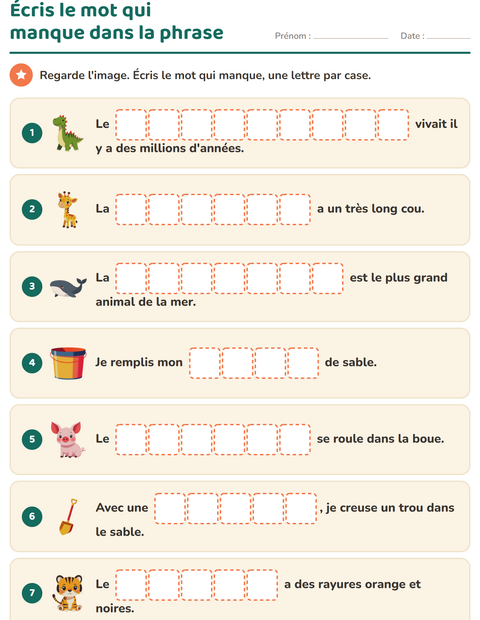 Aperçu de la fiche Phrases à trous pour CP (cours préparatoire)