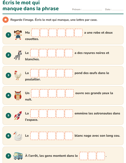 Aperçu de la fiche Phrases à trous pour CP (cours préparatoire)