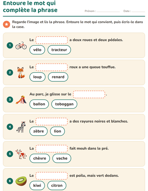 Aperçu de la fiche Phrases à trous pour CP (cours préparatoire)