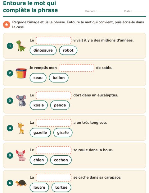Aperçu de la fiche Phrases à trous pour CP (cours préparatoire)