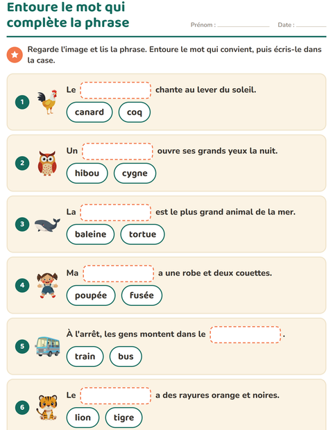Aperçu de la fiche Phrases à trous pour CP (cours préparatoire)
