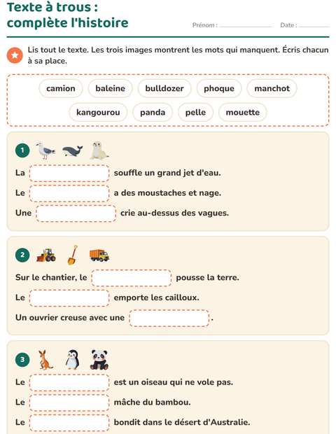 Aperçu de la fiche Phrases à trous pour CE1 (cours élémentaire 1)