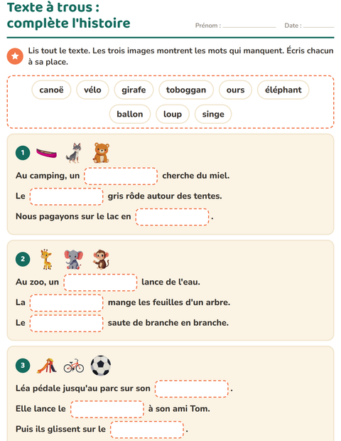 Aperçu de la fiche Phrases à trous pour CE1 (cours élémentaire 1)