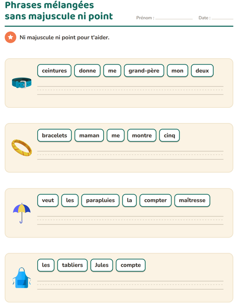 Aperçu de la fiche Phrases mélangées avec Accessoires pour CP (cours préparatoire)
