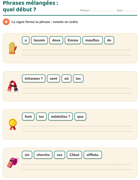 Aperçu de la fiche Phrases mélangées avec Accessoires pour CP (cours préparatoire)