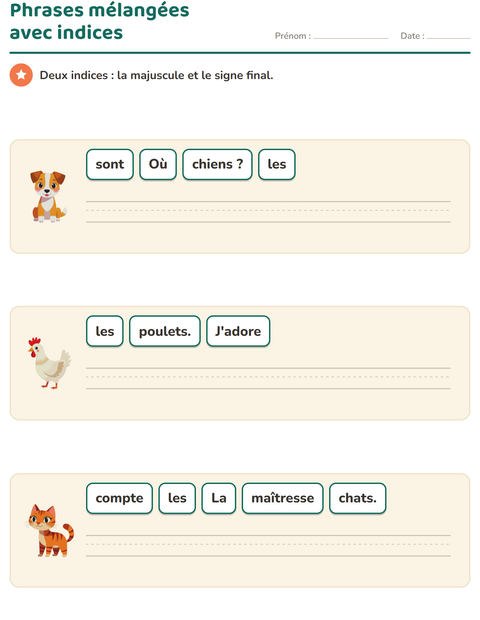 Aperçu de la fiche Phrases mélangées avec Animaux de la ferme pour CP (cours préparatoire)