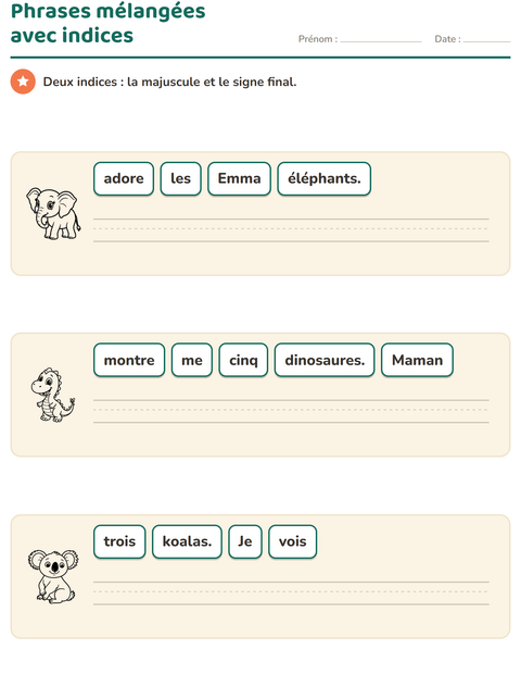 Aperçu de la fiche Phrases mélangées avec Animaux du zoo NB pour CP (cours préparatoire)