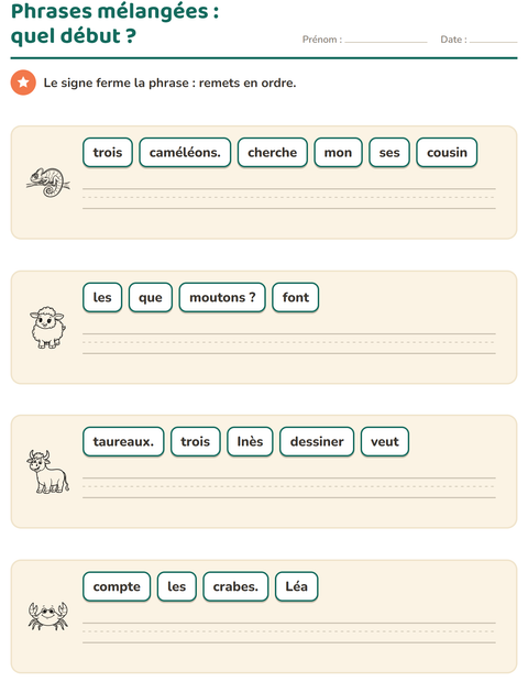 Aperçu de la fiche Phrases mélangées avec Animaux NB pour CP (cours préparatoire)