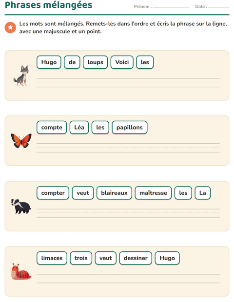 Aperçu de la fiche Phrases mélangées avec Créatures de la forêt pour CP (cours préparatoire)