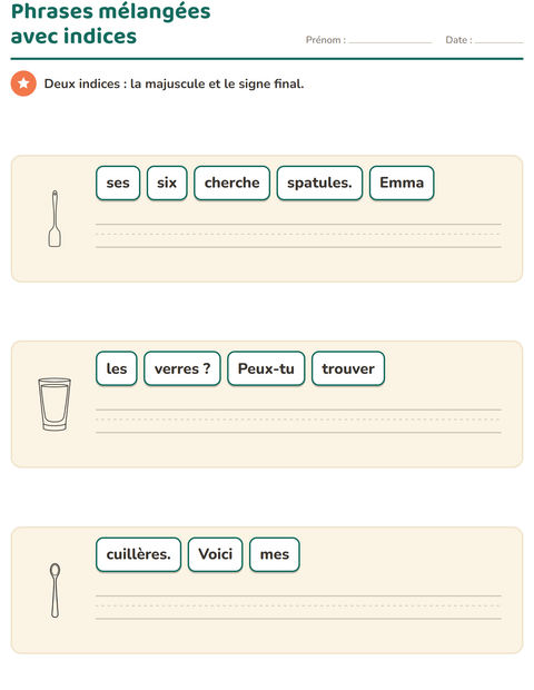 Aperçu de la fiche Phrases mélangées avec Cuisine NB pour CP (cours préparatoire)