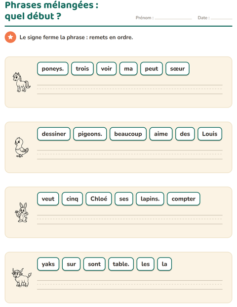 Aperçu de la fiche Phrases mélangées avec Animaux de la ferme NB pour CP (cours préparatoire)