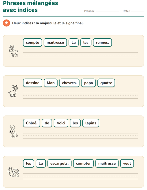 Aperçu de la fiche Phrases mélangées avec Animaux NB pour CP (cours préparatoire)