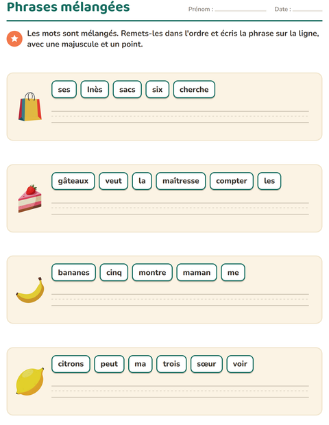 Aperçu de la fiche Phrases mélangées avec Au supermarché pour CP (cours préparatoire)