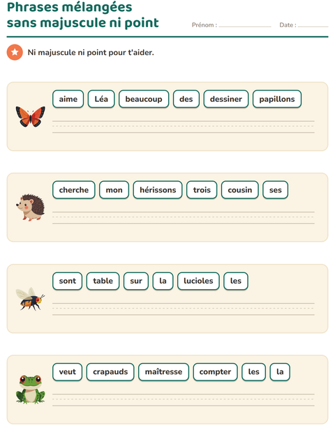 Aperçu de la fiche Phrases mélangées avec Créatures de la forêt pour CP (cours préparatoire)