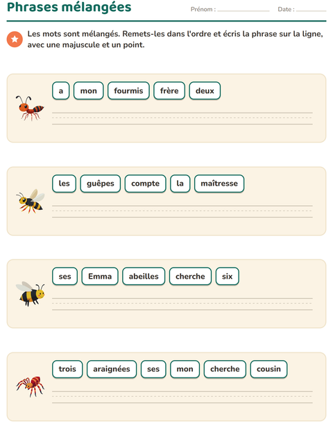 Aperçu de la fiche Phrases mélangées avec Insectes et bestioles pour CP (cours préparatoire)