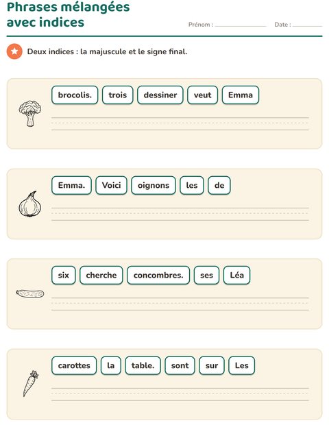 Aperçu de la fiche Phrases mélangées avec Légumes NB pour CP (cours préparatoire)