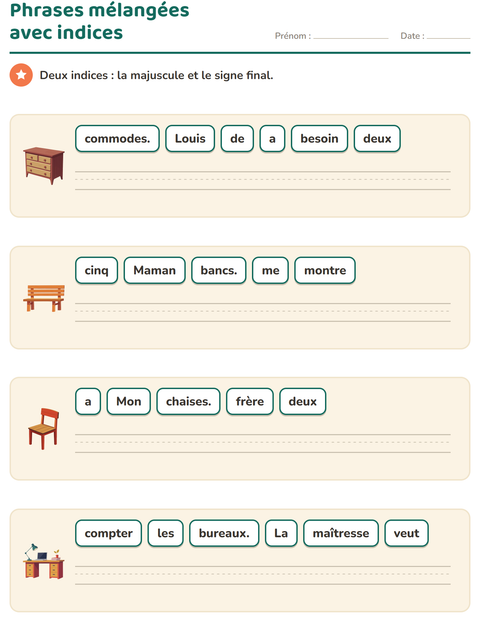 Aperçu de la fiche Phrases mélangées avec Meubles pour CP (cours préparatoire)
