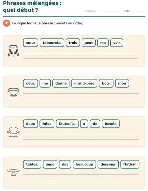 Aperçu de la fiche Phrases mélangées avec Meubles NB pour CP (cours préparatoire)