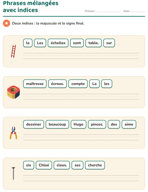 Aperçu de la fiche Phrases mélangées avec Outils pour CP (cours préparatoire)
