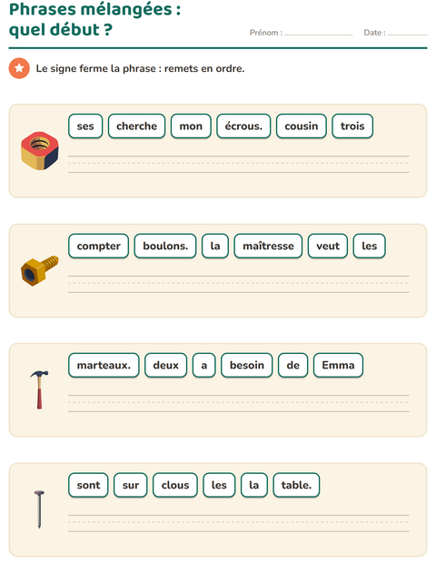 Aperçu de la fiche Phrases mélangées avec Outils pour CP (cours préparatoire)