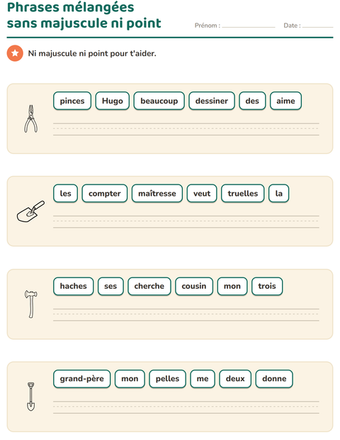 Aperçu de la fiche Phrases mélangées avec Outils NB pour CP (cours préparatoire)