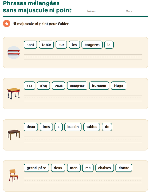 Aperçu de la fiche Phrases mélangées avec Salle de classe pour CP (cours préparatoire)