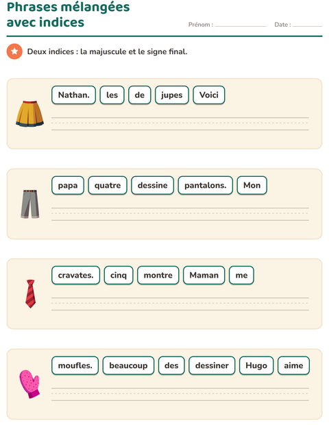 Aperçu de la fiche Phrases mélangées avec Vêtements pour CP (cours préparatoire)
