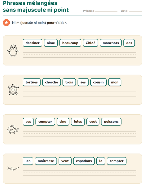 Aperçu de la fiche Phrases mélangées avec Vie marine NB pour CP (cours préparatoire)