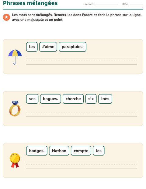 Aperçu de la fiche Phrases mélangées avec Accessoires pour CP (cours préparatoire)