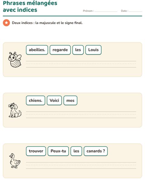 Aperçu de la fiche Phrases mélangées avec Animaux de la ferme NB pour CP (cours préparatoire)