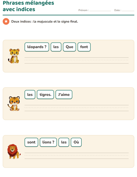 Aperçu de la fiche Phrases mélangées avec Animaux du zoo pour CP (cours préparatoire)