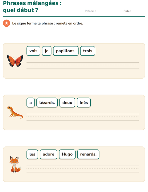 Aperçu de la fiche Phrases mélangées avec Créatures de la forêt pour CP (cours préparatoire)
