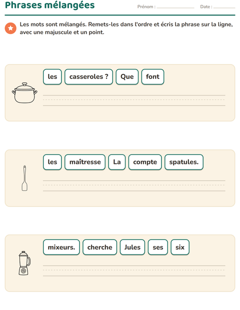 Aperçu de la fiche Phrases mélangées avec Cuisine NB pour CP (cours préparatoire)