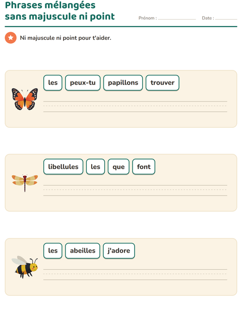 Aperçu de la fiche Phrases mélangées avec Insectes et bestioles pour CP (cours préparatoire)