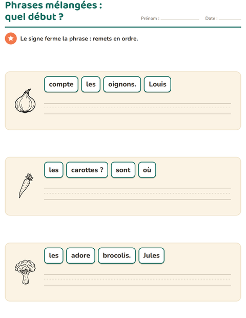 Aperçu de la fiche Phrases mélangées avec Légumes NB pour CP (cours préparatoire)