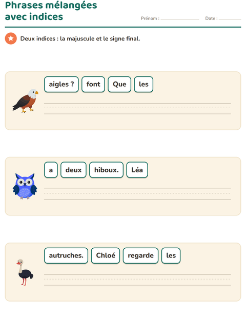 Aperçu de la fiche Phrases mélangées avec Oiseaux pour CP (cours préparatoire)
