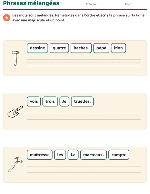 Aperçu de la fiche Phrases mélangées avec Outils NB pour CP (cours préparatoire)