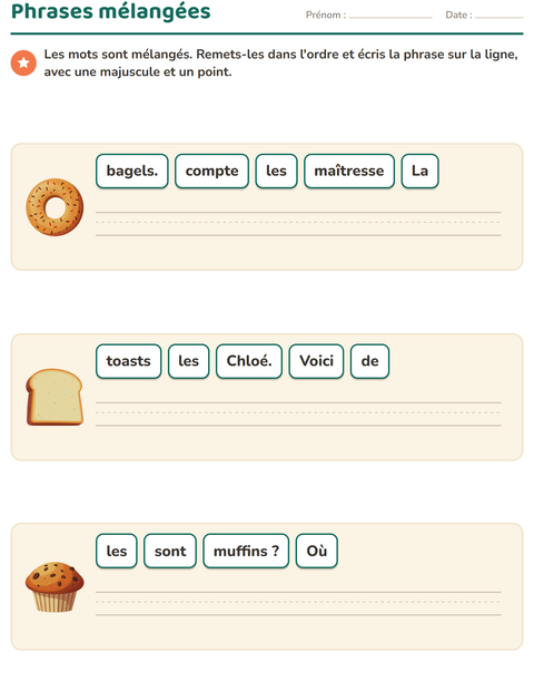 Aperçu de la fiche Phrases mélangées avec Petit-déjeuner pour CP (cours préparatoire)