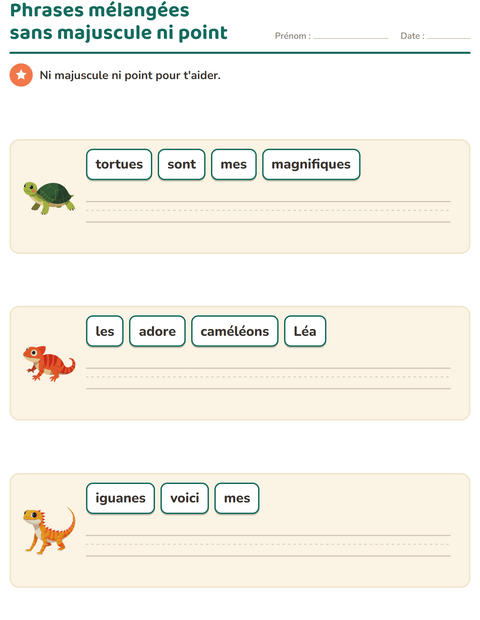 Aperçu de la fiche Phrases mélangées avec Reptiles et amphibiens pour CP (cours préparatoire)