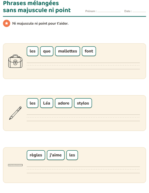 Aperçu de la fiche Phrases mélangées avec Salle de classe (N&B) pour CP (cours préparatoire)