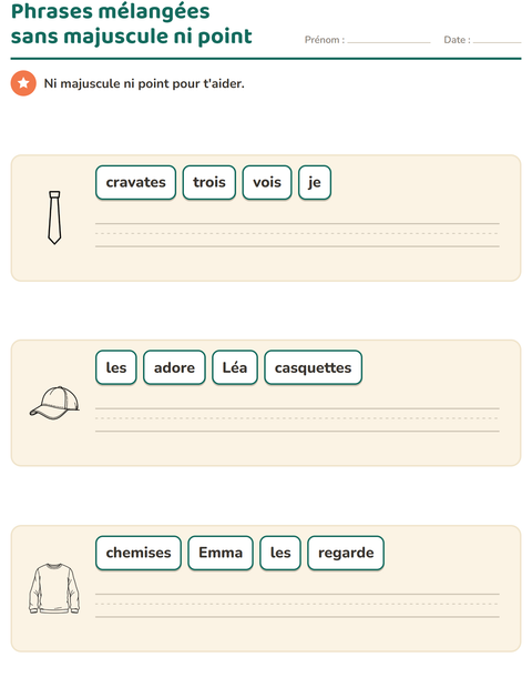 Aperçu de la fiche Phrases mélangées avec Vêtements NB pour CP (cours préparatoire)