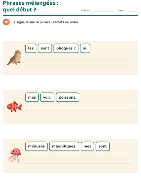 Aperçu de la fiche Phrases mélangées avec Vie océanique pour CP (cours préparatoire)