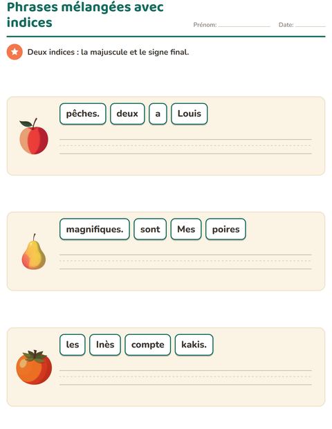 Aperçu : Phrases mélangées avec indices : la majuscule et le point sont donnés