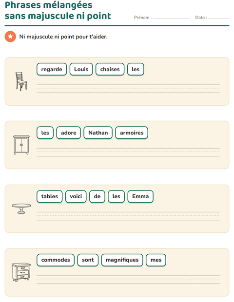 Aperçu de la fiche Phrases mélangées avec Meubles NB pour CP (cours préparatoire)
