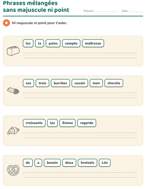 Aperçu de la fiche Phrases mélangées avec Nourriture NB pour CP (cours préparatoire)