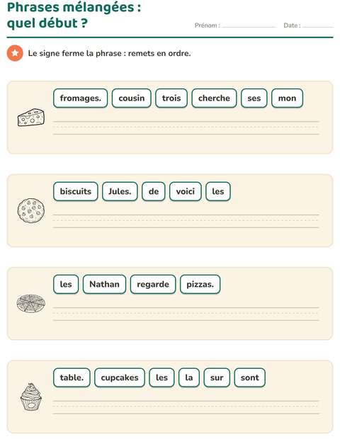Aperçu de la fiche Phrases mélangées avec Nourriture NB pour CP (cours préparatoire)